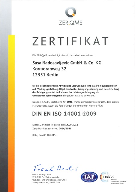 Zertifikat DIN EN 14001:2009